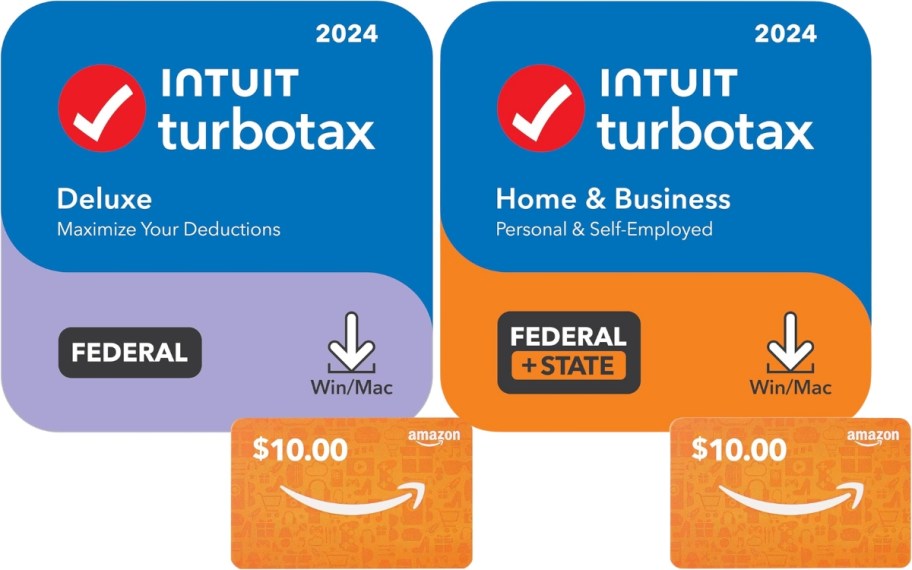 two Turbo Tax product cards with smaller $10 Amazon gift cards