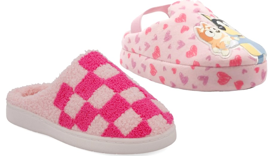 pink checkerboard and pink Bluey slippers