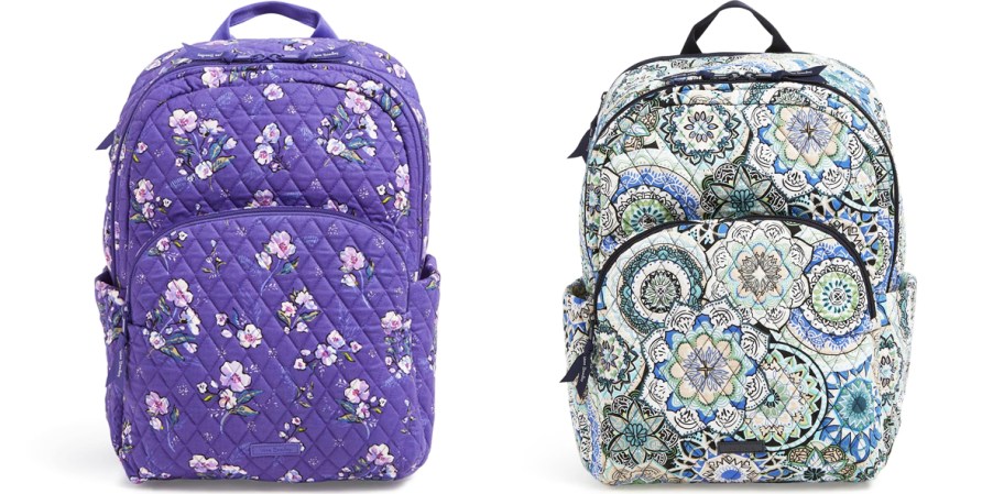 purple and blue quilted printed backpacks