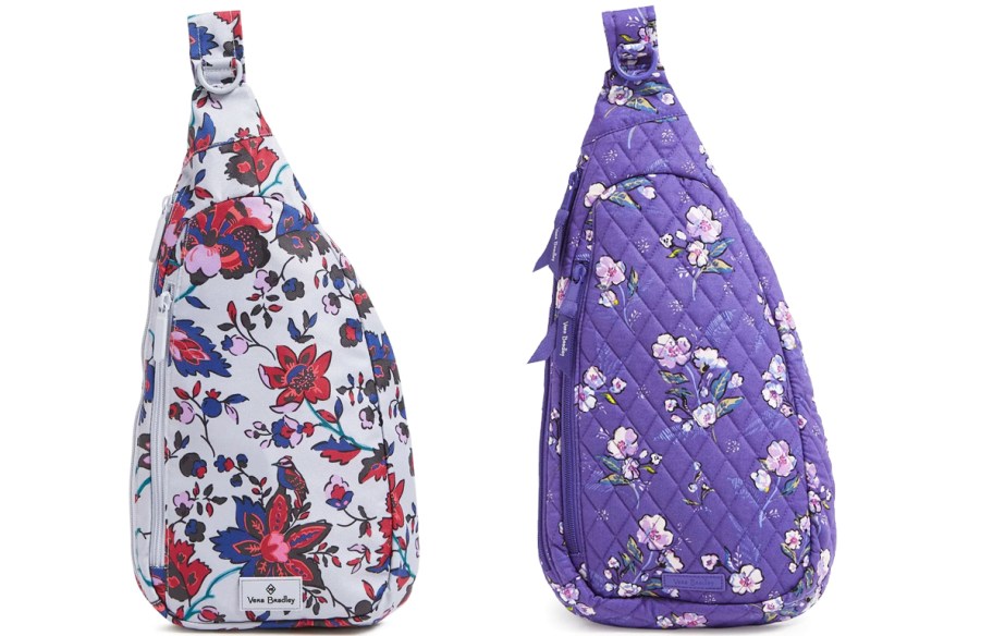 two purple floral print sling backpacks