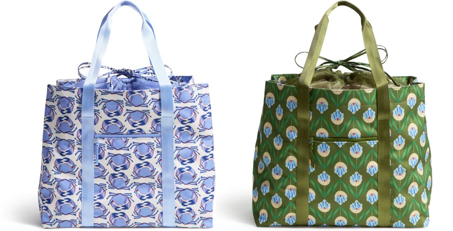 blue and green printed tote bags