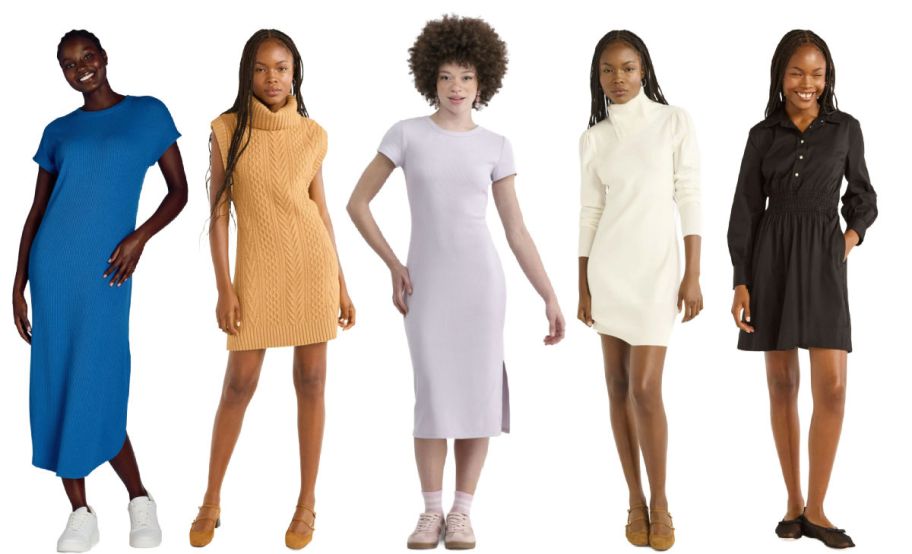 5 women wearing dresses on a white background