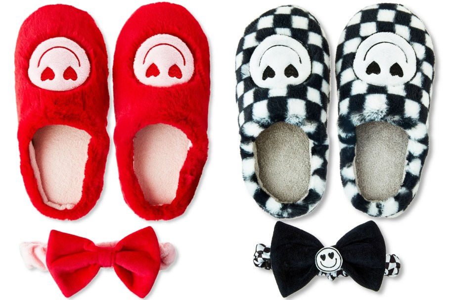 red and black valentines day slippers with matching headbands