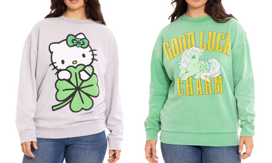 two women wearing hello kitty and my little pony st patricks day sweatshirts