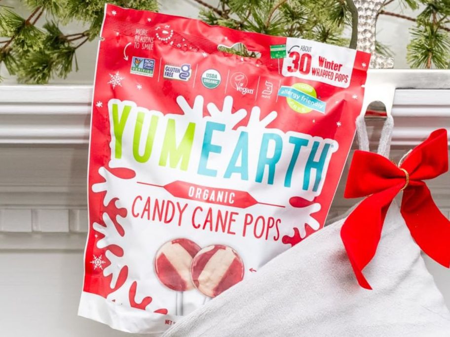 YumEarth Organic Candy Cane Lollipops 30-Count in a stocking