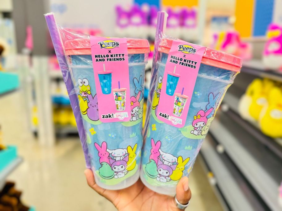 Zak Designs Hello Kitty X Peeps 2-Pack Straw Tumbler Sets in hand in store