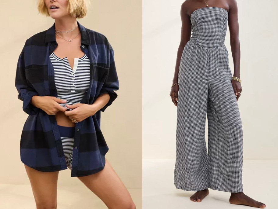 women wearing blue flannel tee and jumpsuit