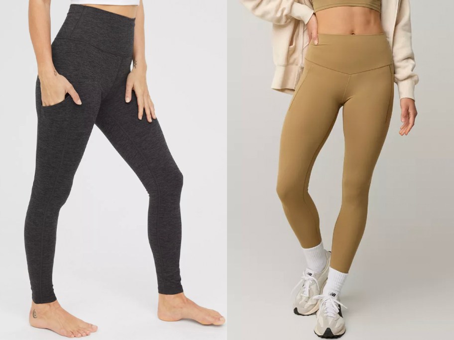 two women wearing gray and tan leggings 