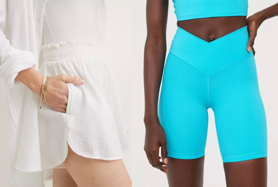 two women wearing white and blue shorts 