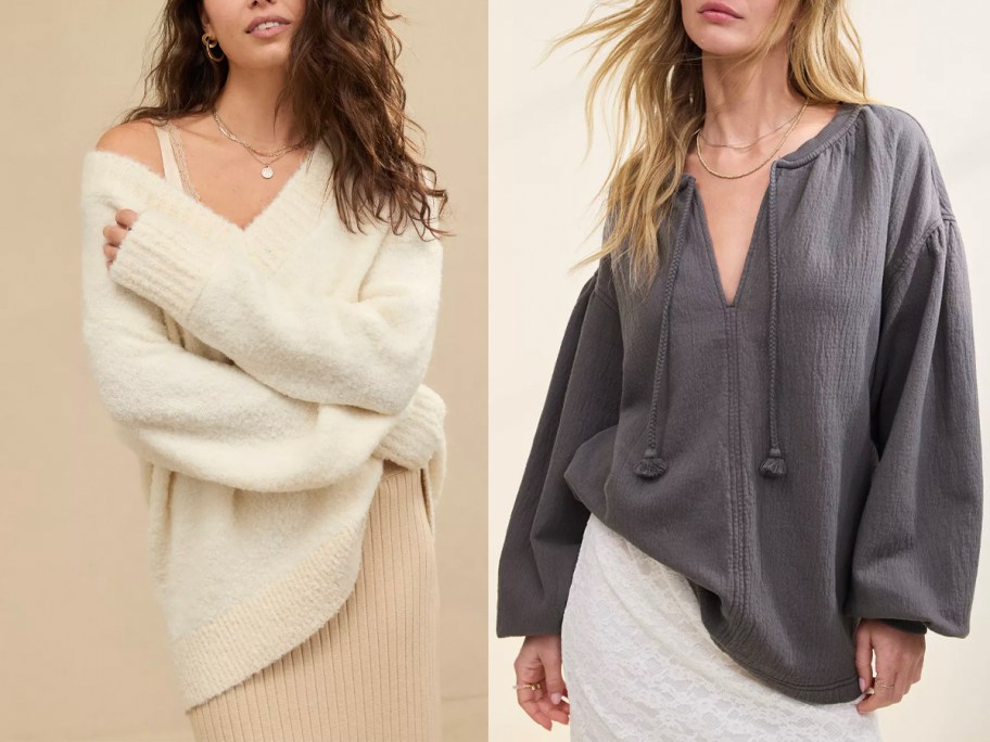 two women wearing tan and gray sweaters 