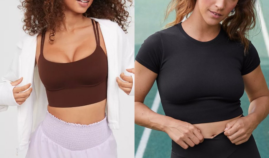 two women wearing sports bra and black tee
