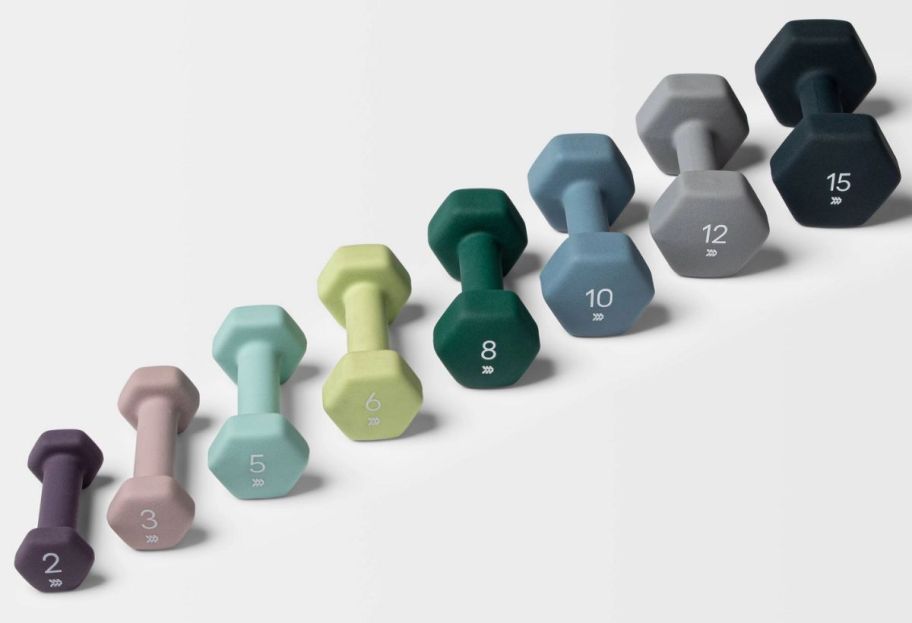 a selection of hand weights in assorted colors