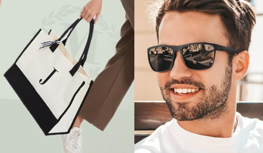 initial tote and sunglasses