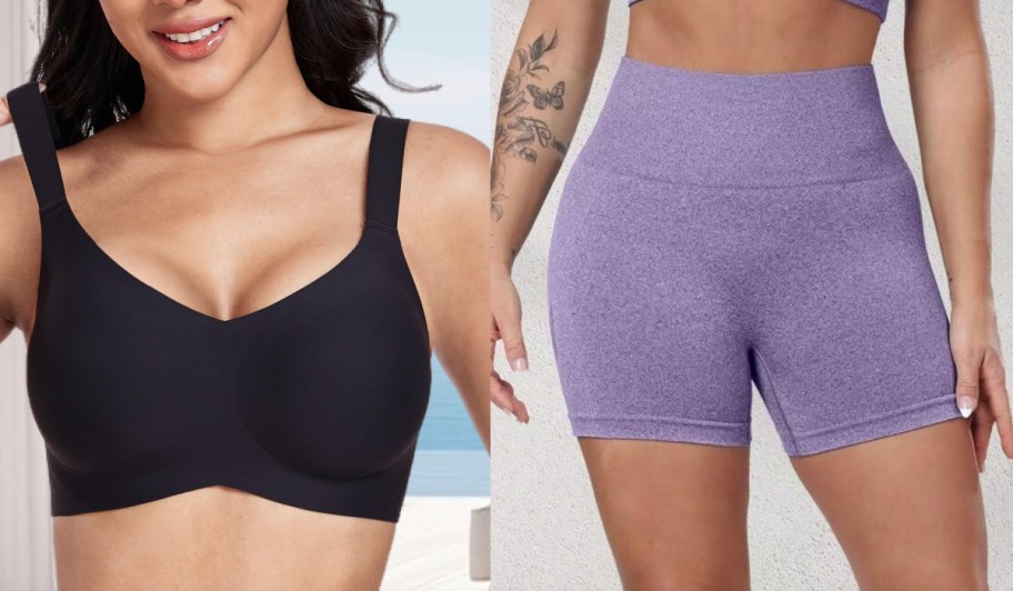 black sports bra and purple gym shorts