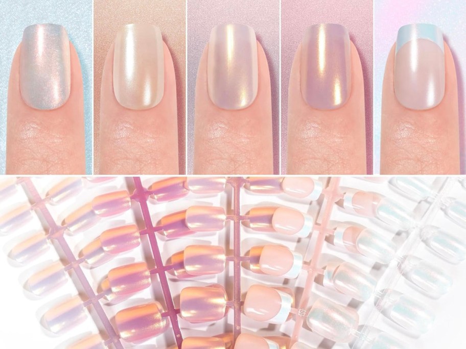 hand with chrome press on nails and nail kit under it 