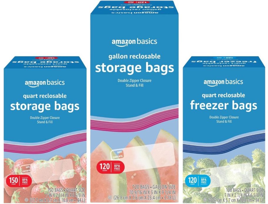 3 boxes of amazon resealable storage and freezer bags stock image