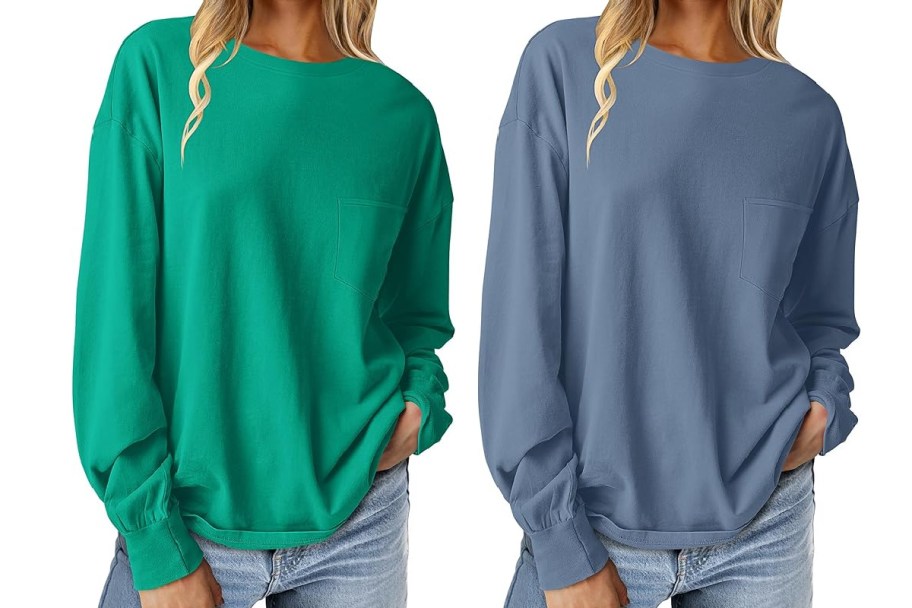 green and blue crewneck shirts