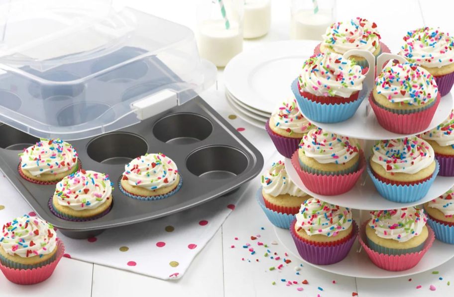 a cupcake baking pan with lid shown with cupcake stand