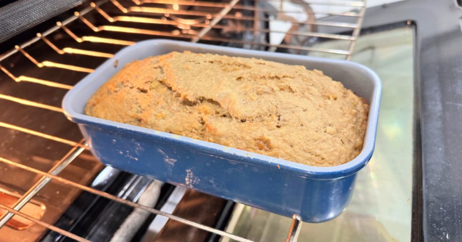 banana bread in the oven baking 