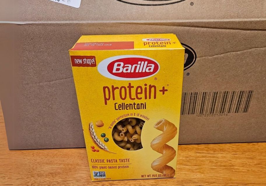 a box of Barilla protein + pasta on a counter top