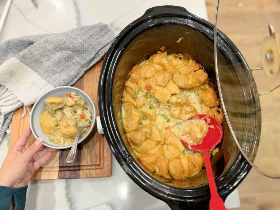 bowl of chicken and dumplings next to slow cooker 