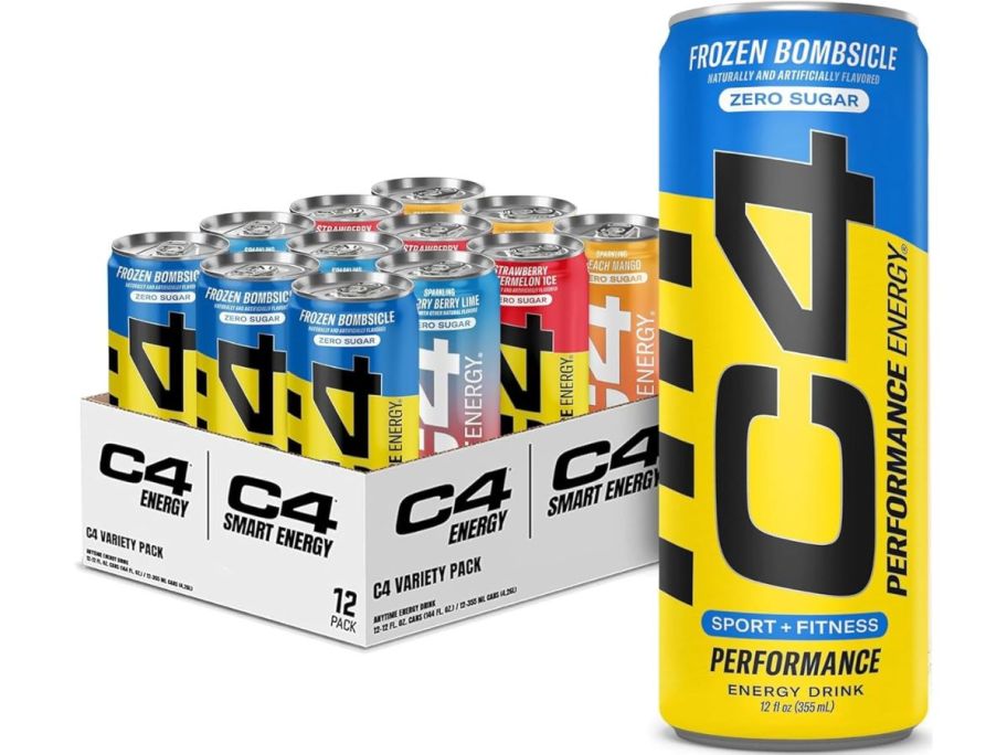 a variety 12 pack of energy drinks stock image