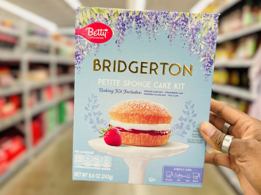 hand holding bridgerton sponge cake mix