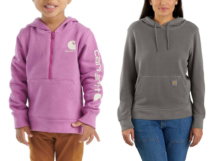 child and adult wearing purple and gray carhartt jackets 