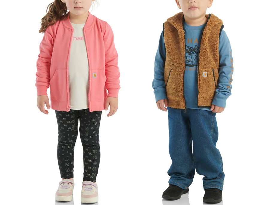 boy and girl wearing carhartt toddler clothing sets 