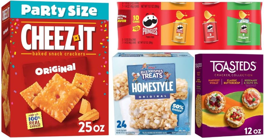 cheezit crackeers, rice krispy treats, Toasteds crackers and pringle s potato crisps stock images 