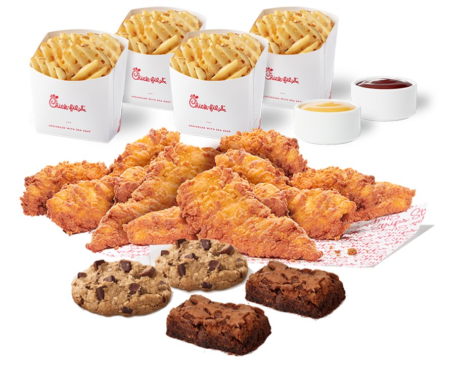 Chick-fil-A Family bundle meal with chicken strips, fries, sauce, cookies, and brownies.