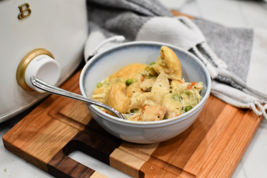 crockpot chicken and dumplings in a bowl