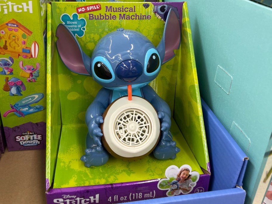 a Disney Stitch bubble machine in the box on display at Walmart