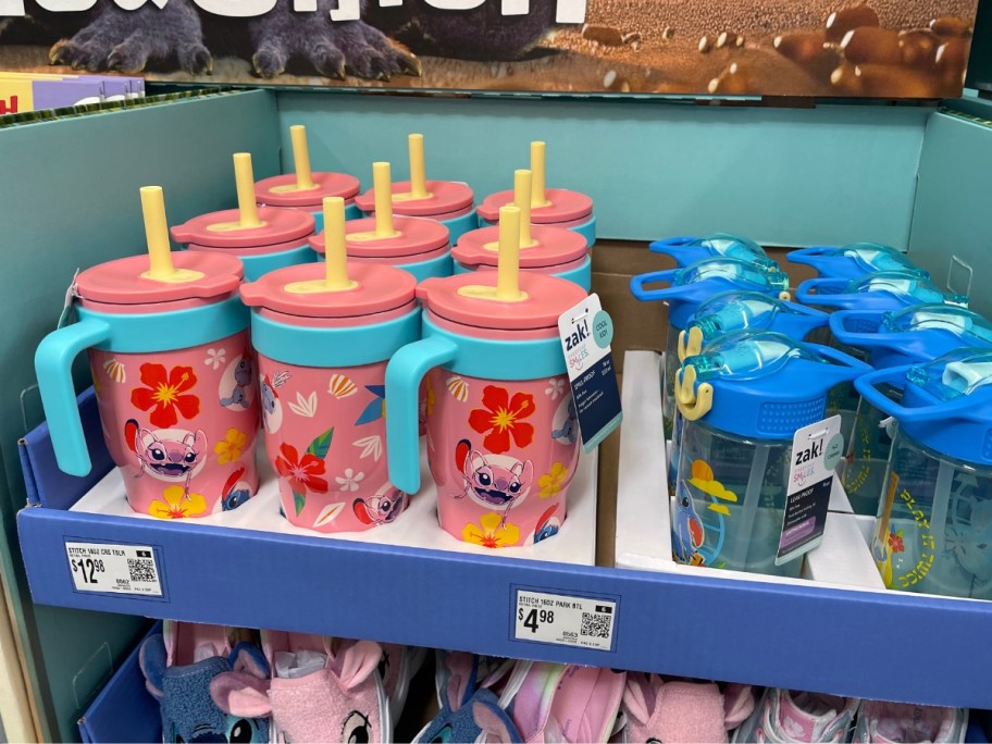 Disney Stitch tumblers and water bottles on display in Walmart