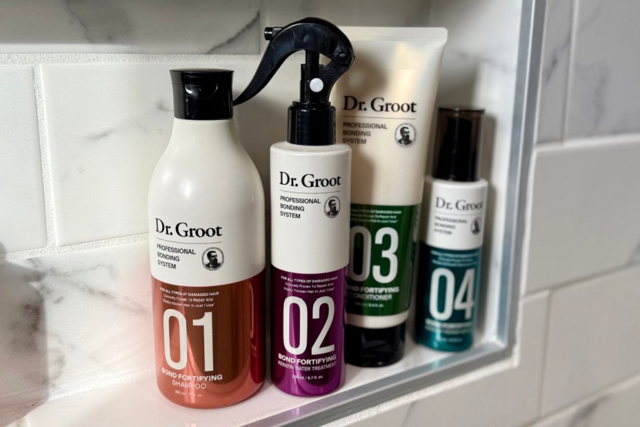 four dr groot haircare items in shower