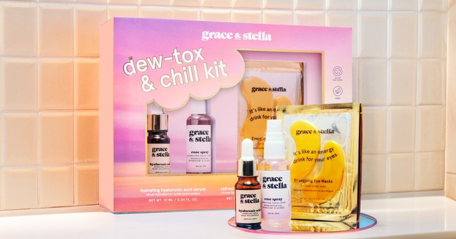 Grace & Stella gift set on a counter