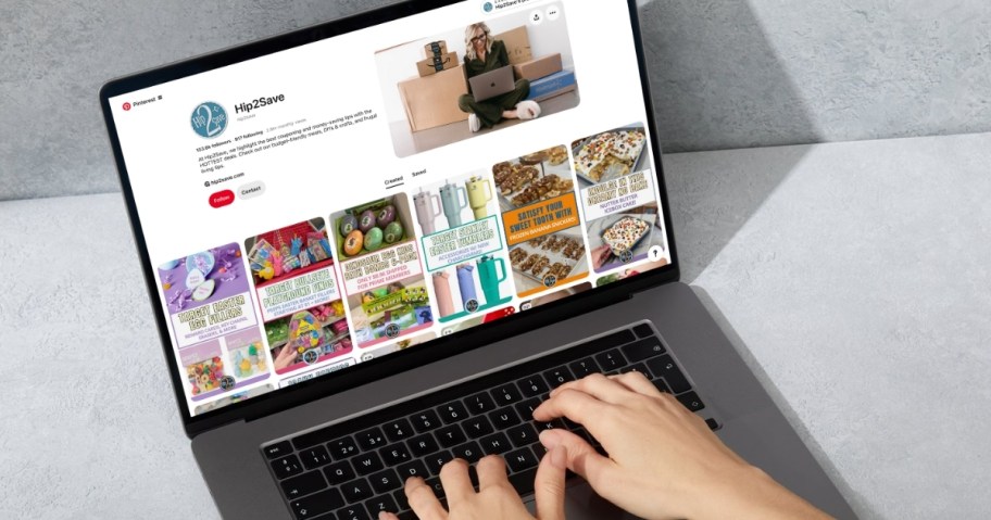hands typing on laptop with hip2save pinterest on screen