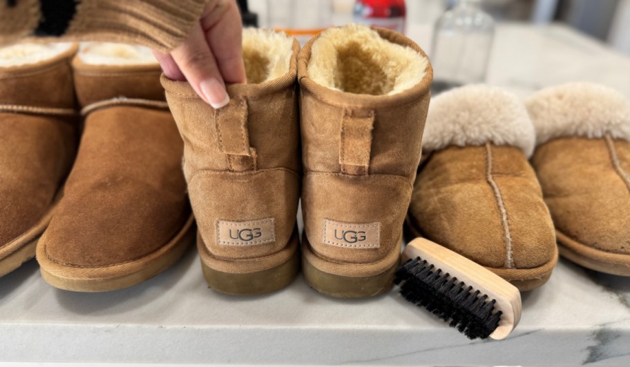 Uggs on the counter with a show brush for cleaning 