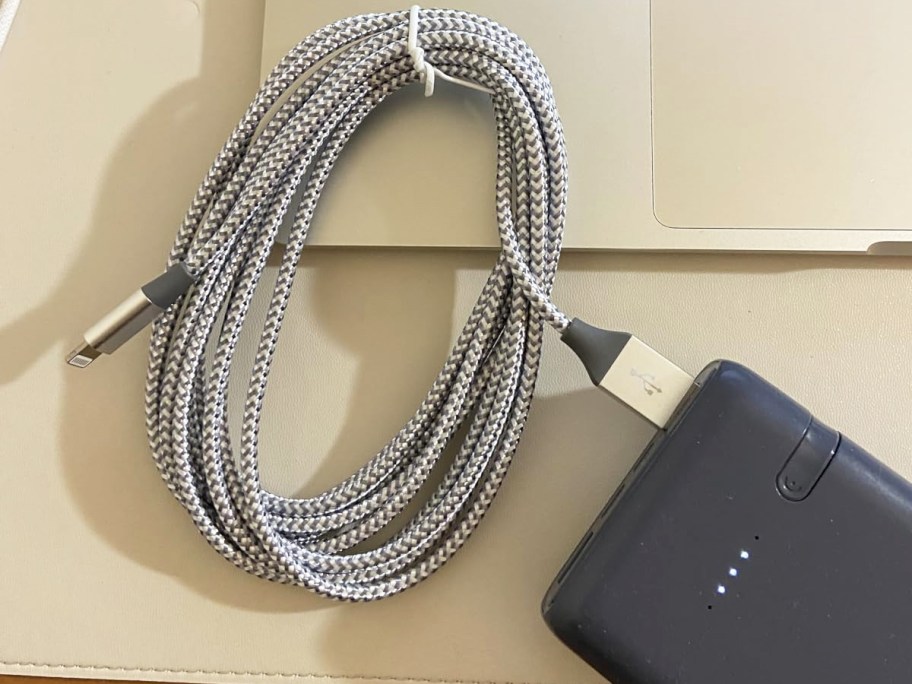 long charging cable plugged into a power bank