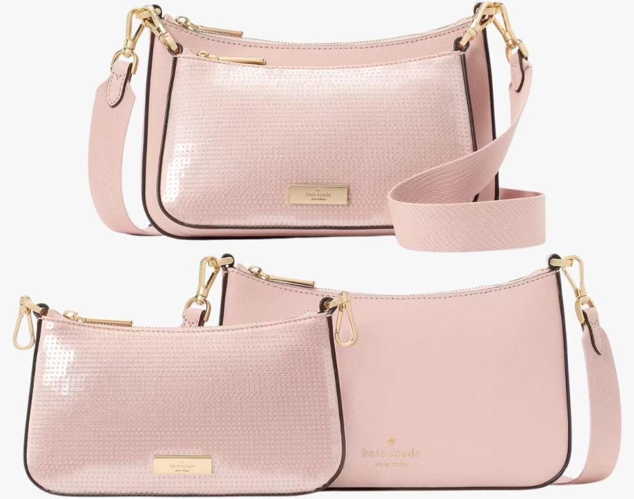 a pink duet crossbody handbag shown as both one and two piece set