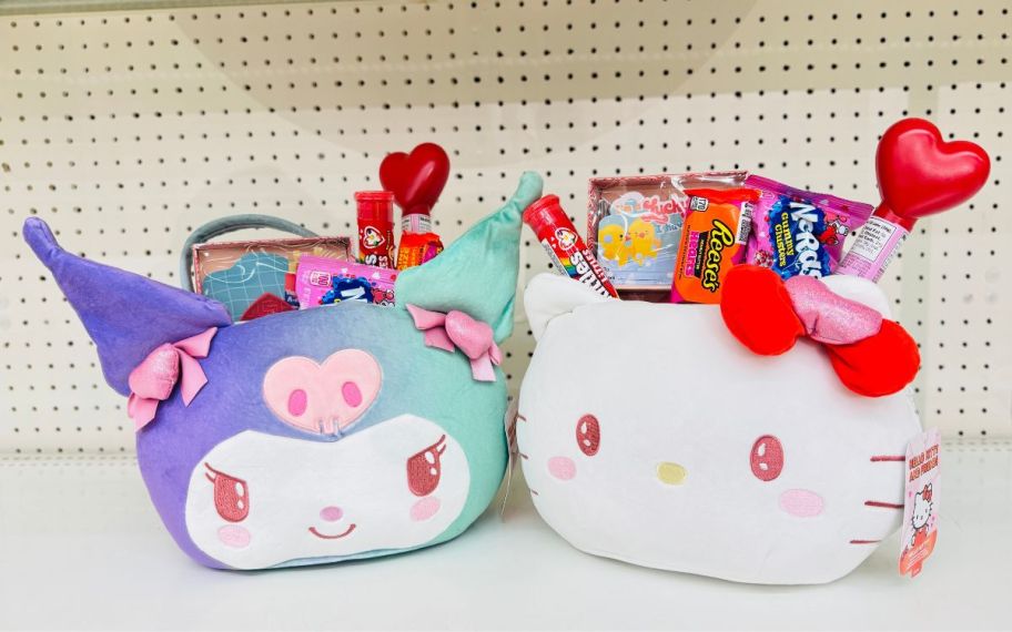 kuromi and Hello Kitty valentines day pails filled with valentines candies on a store shelf