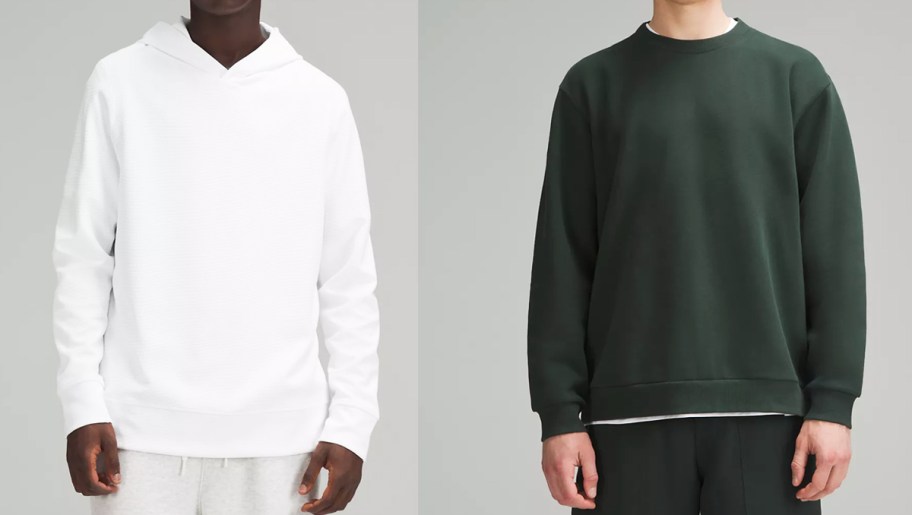 man in white hoodie and man in green crewneck sweatshirt