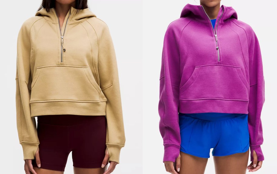 two women in tan and purple sweatshirts