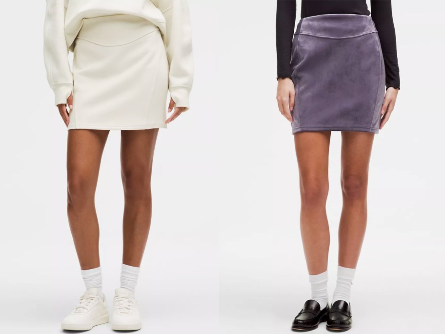 two women in white and purple mini skirts