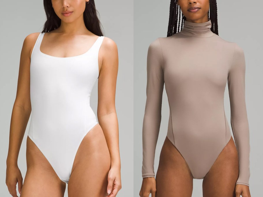 two women wearing white and tan bodysuits