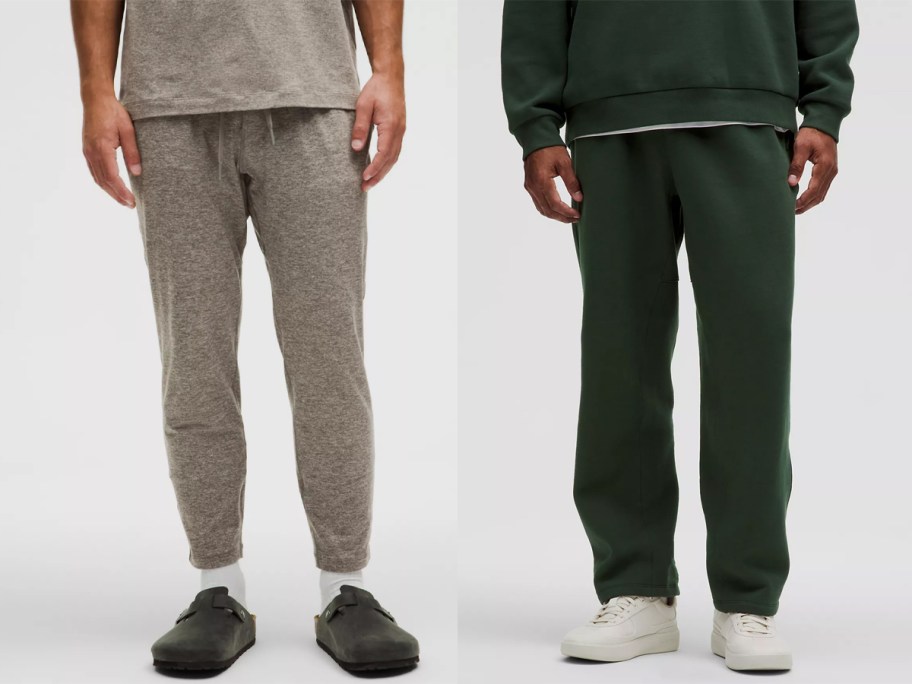 two men wearing gray and green joggers 