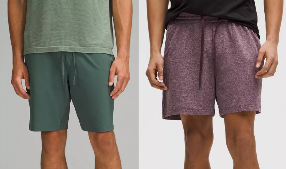 two men wearing green and purple lululemon shorts 