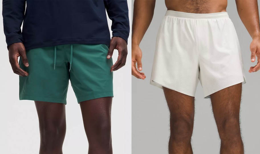 two men wearing green and white lululemon shorts 