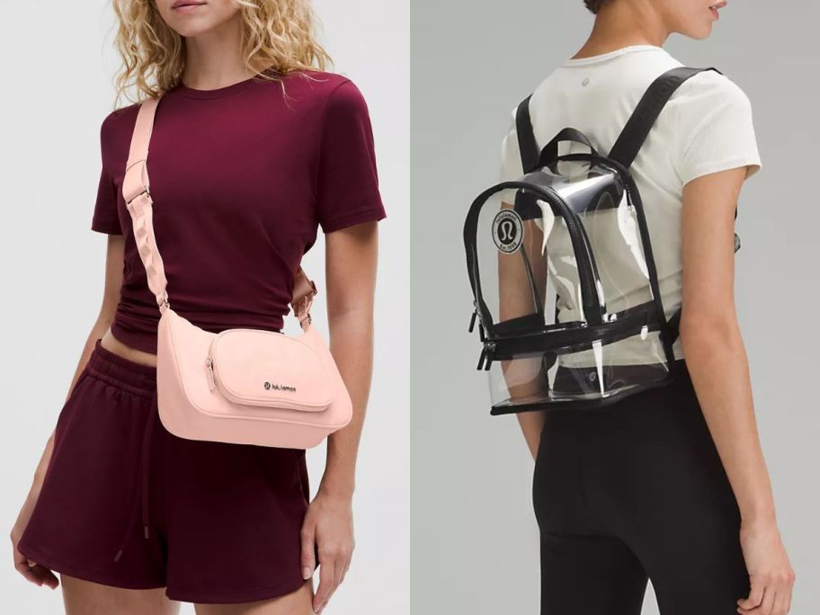 Stock images of a woman wearing a lululemon crossbody bag and another woman wearing a lululemon clear backpack