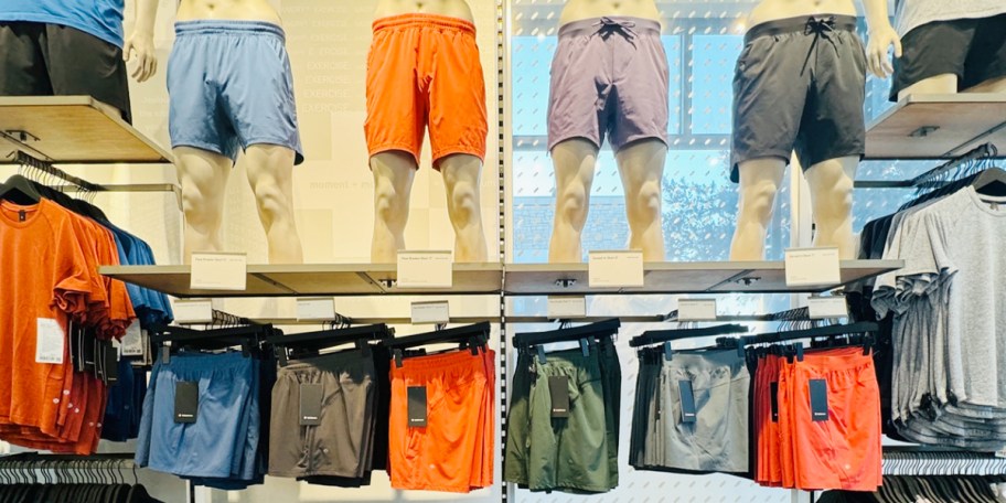 4 lululemon mannequins with shorts hanging under them 